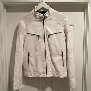 EXPRESS MENS FAUX LEATHER BOMBER JACKET SIZE M IN WHITE HAS SOME SMALL RIPS